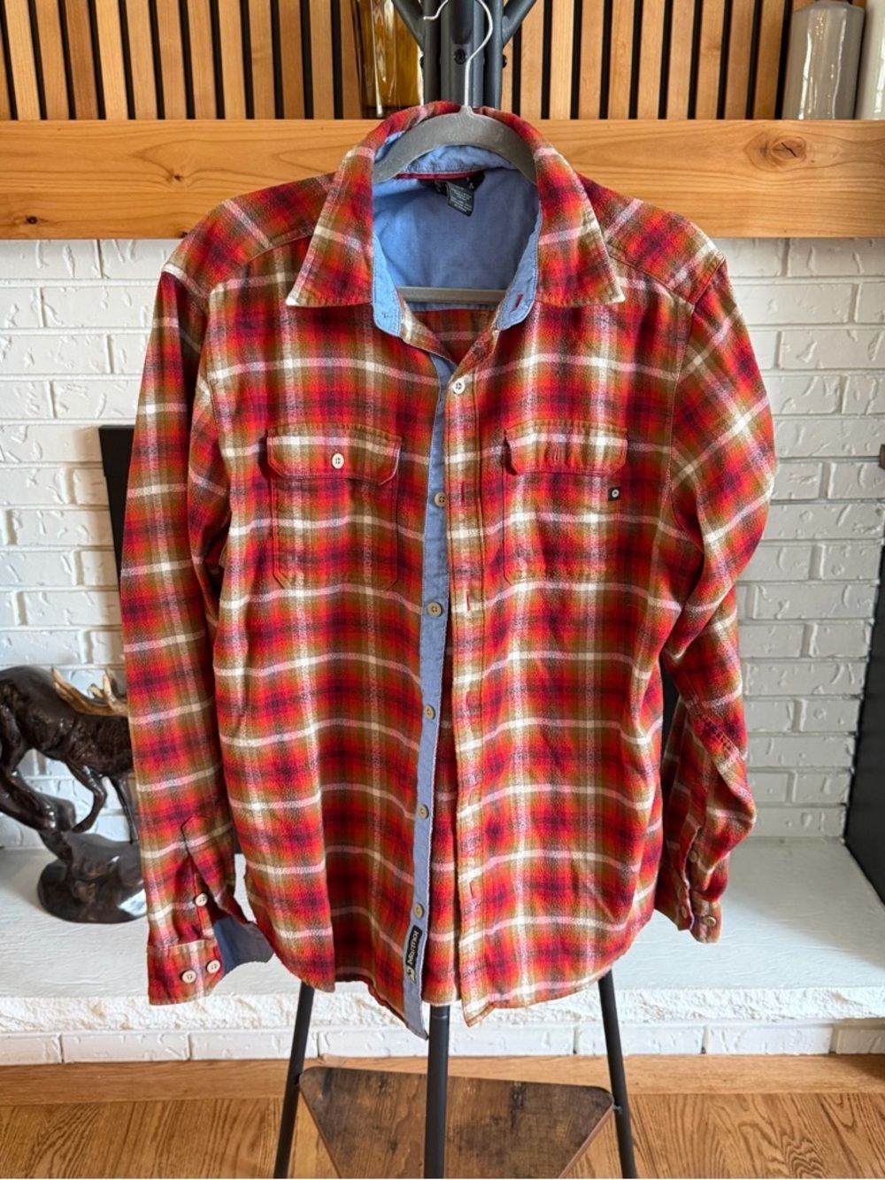 Marmot Red Plaid Button-Up Shirt with Chambray Trim